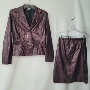 OCI Faux Leather Blazer Skirt Set Women's Small Brown Metallic Snake Print